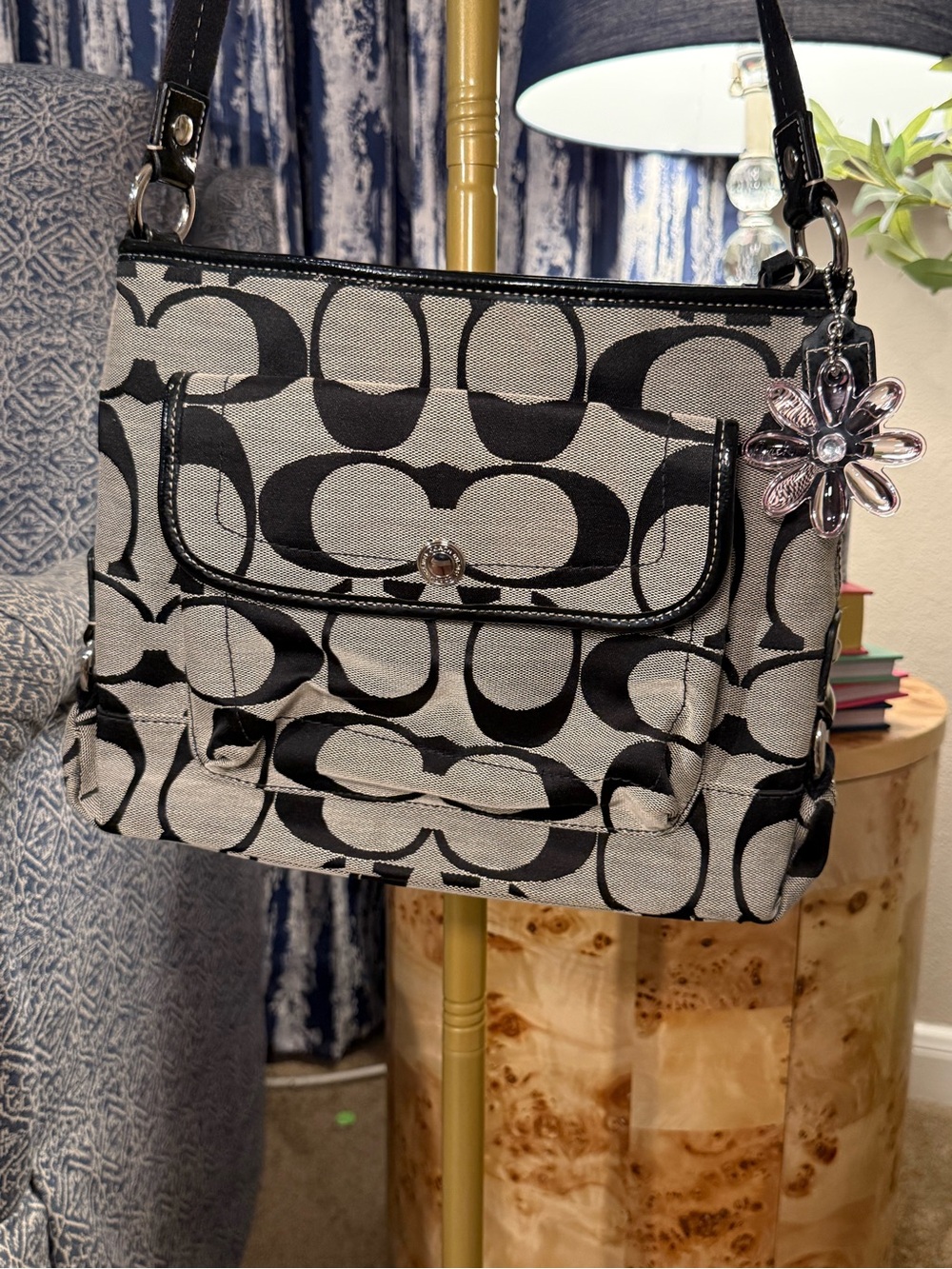 Coach Black and Gray Signature Canvas Shoulder Bag with Flower Charm